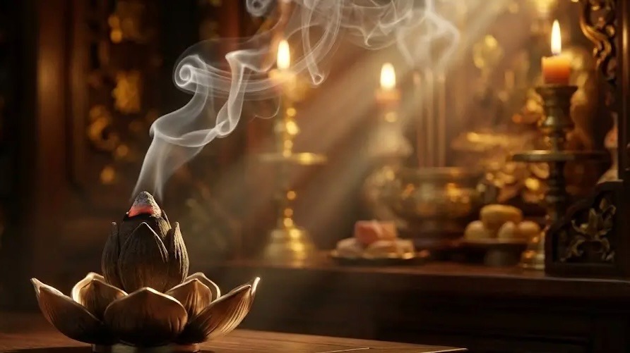 Lư hương hoa sen tỏa khói trầm tĩnh đọng trong không gian ánh nến ấm áp tại INTUS
